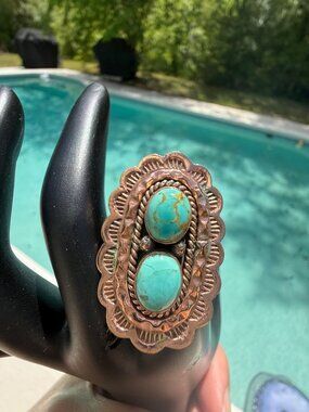 Artisan Copper Turquoise Adj  Boho Statement Ring Handcrafted Southwest gift 13g